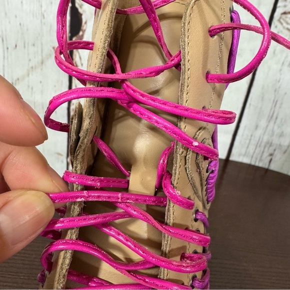 JEFFREY CAMPBELL LITA LACED in Neon Pink & Purple On Tan Leather Ankle Boots 6.5 - Picture 9 of 16
